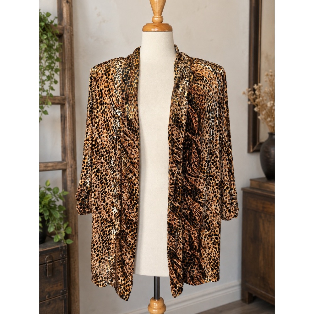 Vintage 90s Leopard Velvet Jacket Plus Size Animal Print Shoulder Pads Size XL